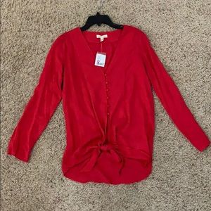 Red button up and tie front shirt